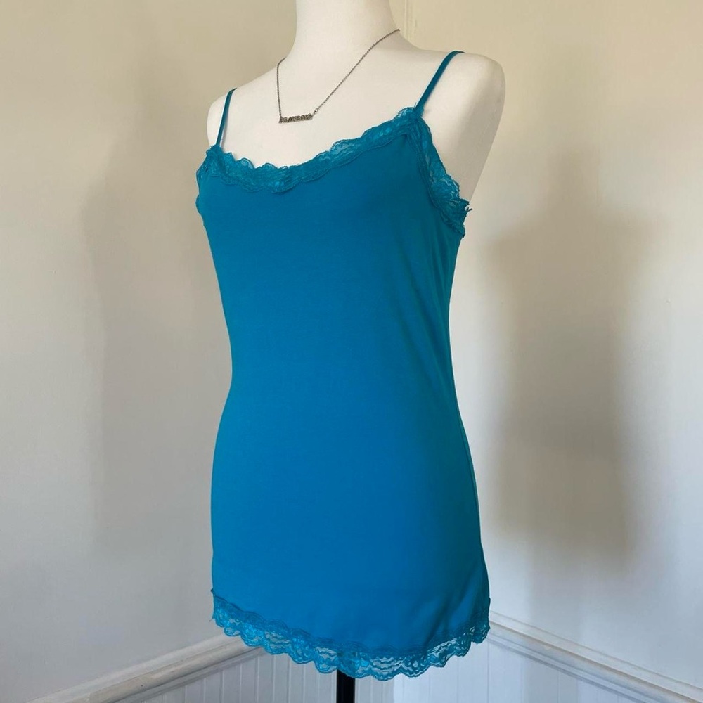 Red Camel - Blue Lace Trim Adjustable Spaghetti Strap Built In Bra Tank Top